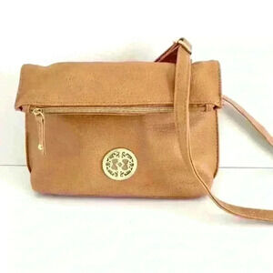 Taupe Faux Leather Crossbody Handbag Gold Accents